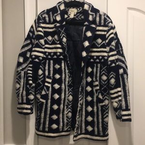 Blue and white Aztec print wool coat Sz L